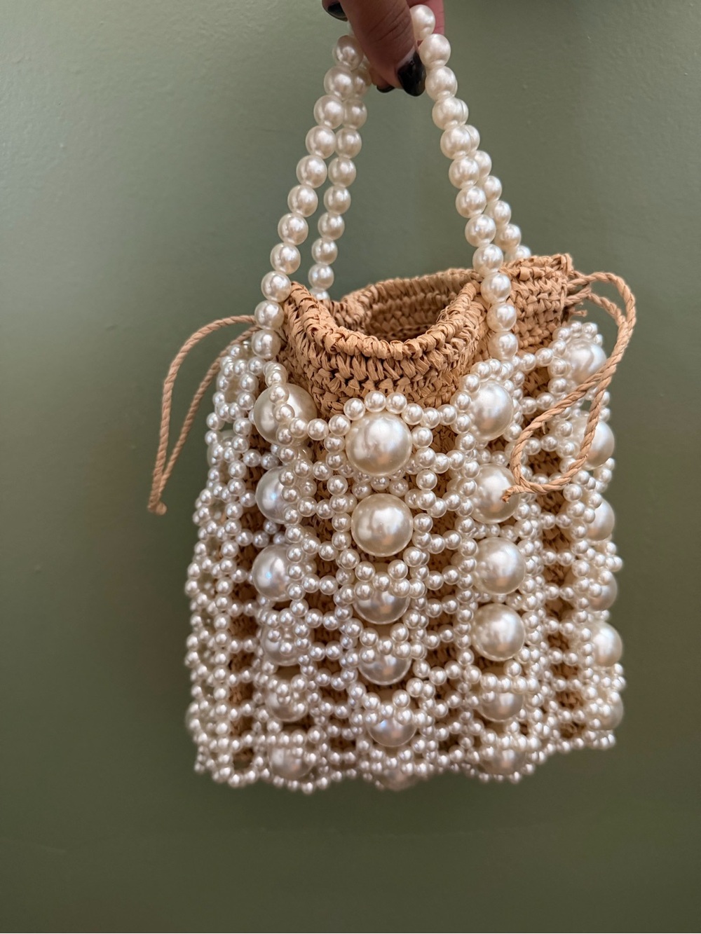 Dolce Vita Pearl-Embellished Straw Mini Bag in Beige and White